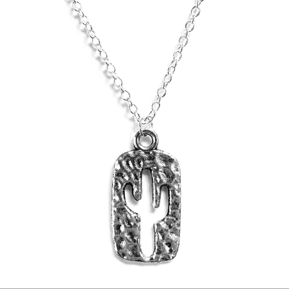 Silver Hammered Cactus Pendant Necklace